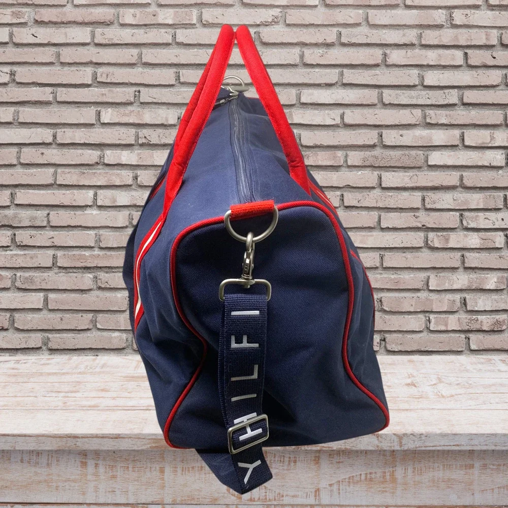 Vintage Tommy Hilfiger Navy Red Nylon Duffle Bag Spellout 90s Y2K Gym Weekender
